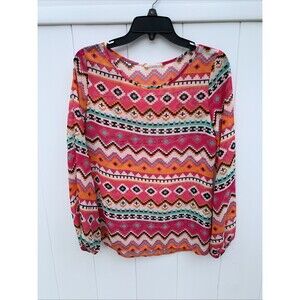 Rachel Kate Womens Top Sheer Geometric Print Long Sleeve Lightweight Sz Small